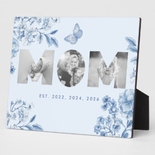 Mom Established Blue Toile Botanical 3 Photo Gift Plaque