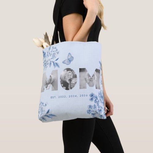 Mom Established Blue Toile Botanical 3 Photo Gift Tote Bag
