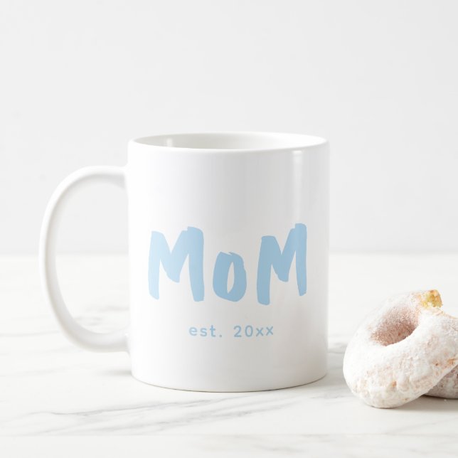 Mom Established Blue Typography New Mother Coffee Mug (With Donut)