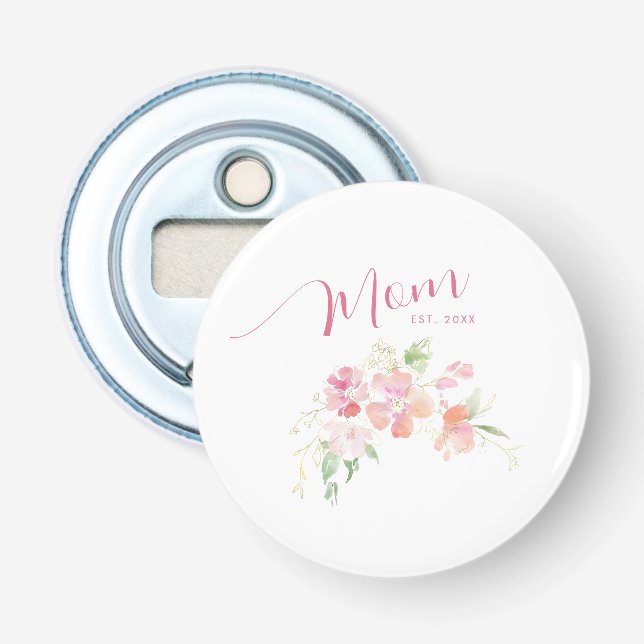 Mom Established Blush Pink Floral Watercolor Bottle Opener (Front)