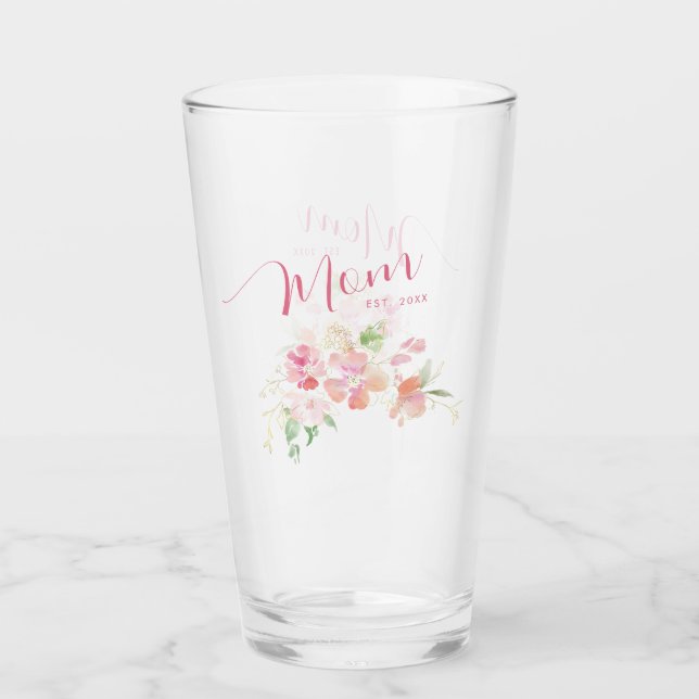 Mom Established Blush Pink Floral Watercolor Glass (Front)