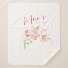 Mom Established Blush Pink Floral Watercolor Sherpa Blanket