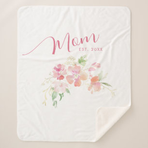 Mom Established Blush Pink Floral Watercolor Sherpa Blanket