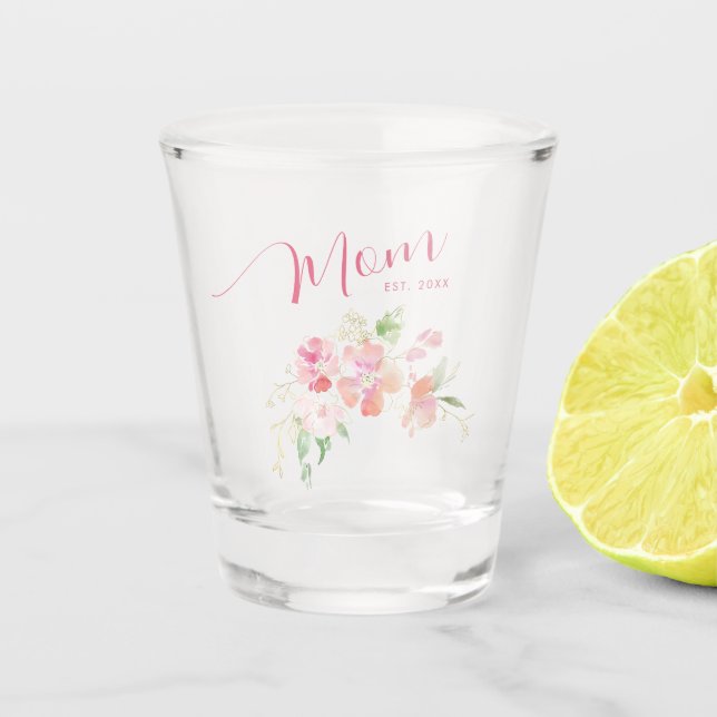 Mom Established Blush Pink Floral Watercolor Shot Glass (Front)