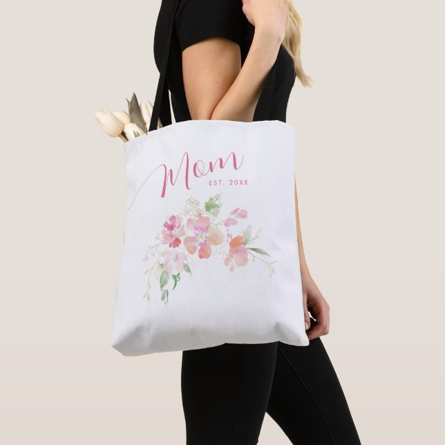 Mom Established Blush Pink Floral Watercolor Tote Bag (Close Up)