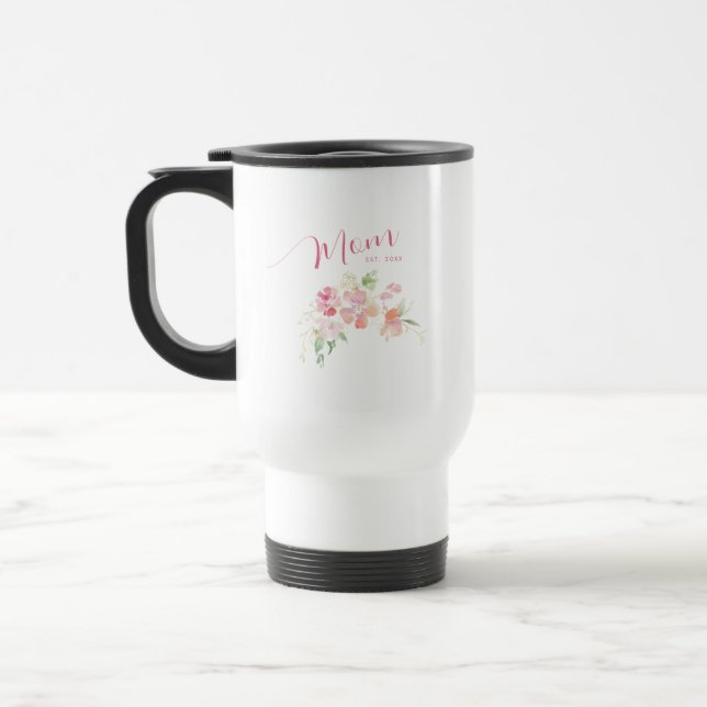 Mom Established Blush Pink Floral Watercolor Travel Mug (Left)