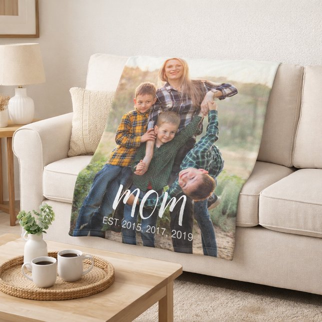 Mom Established Bold Modern Script Photo Fleece Blanket (Creator Uploaded)