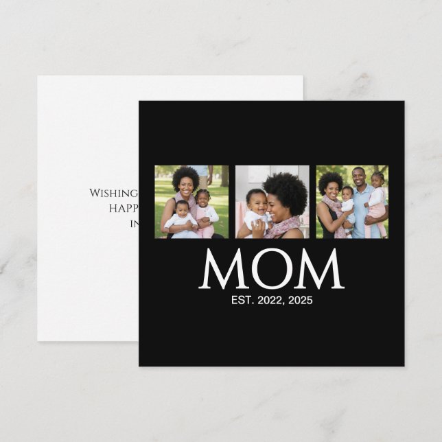 Mom Established Caps Black 3 Photo Mothers Day Holiday Card (Front/Back)