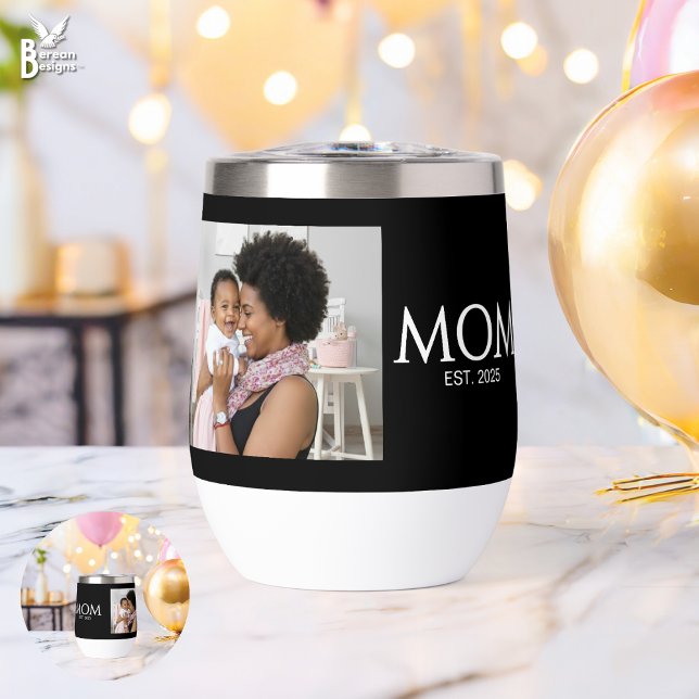 Mom Established Caps Black Photo Thermal Wine Tumbler (Mom Established wine tumbler with customizable photo and text. Ideal new mom gift Matching available)