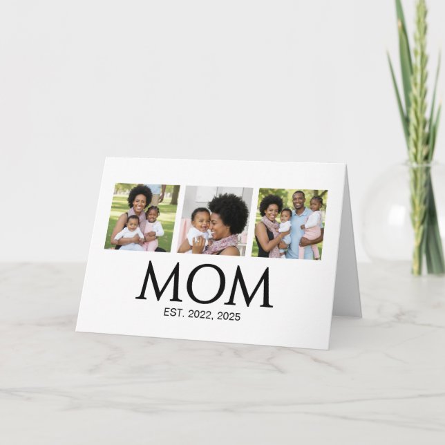 Mom Established Caps White 3 Photo Mothers Day Holiday Card (Front)