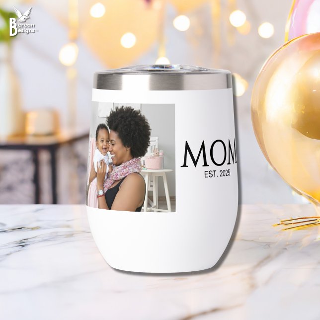 Mom Established Caps White Photo Thermal Wine Tumbler (Mom Established wine tumbler with custom photo and text. Ideal mom gift for Mother's Day.)