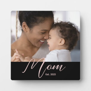 Mom Established Custom Pink Modern Script Photo Plaque