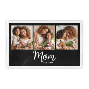 Mom Established Date 3 Photo White Script on Black Acrylic Tray