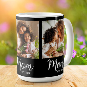 Mom Established Date 3 Photo White Script on Black Coffee Mug
