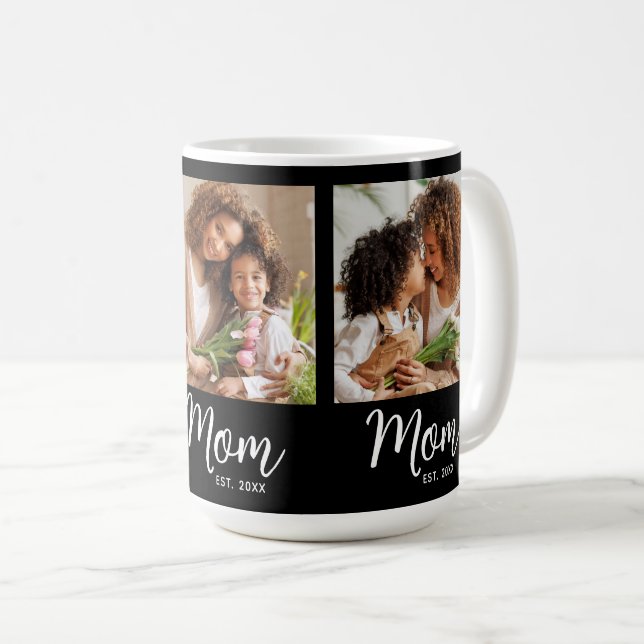 Mom Established Date 3 Photo White Script on Black Coffee Mug (Front Right)