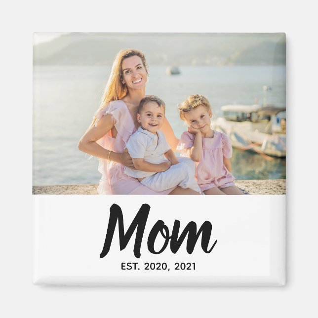 Mom Established Date Black Script Custom Photo Magnet (Front)