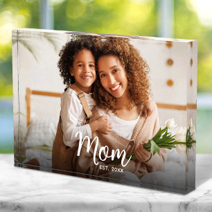 Mom Established Date Custom White Script Modern Photo Block