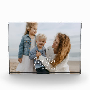 Mom Established Date Est White Modern Script Photo Block
