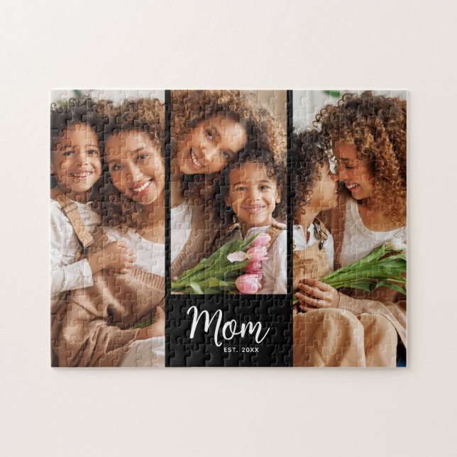 Mom Established Date Script 3 Photo Bold Modern Jigsaw Puzzle (Horizontal)