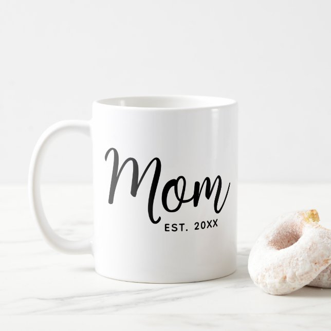 Mom Established Date Script Black New Mom Gift Fun Coffee Mug (With Donut)