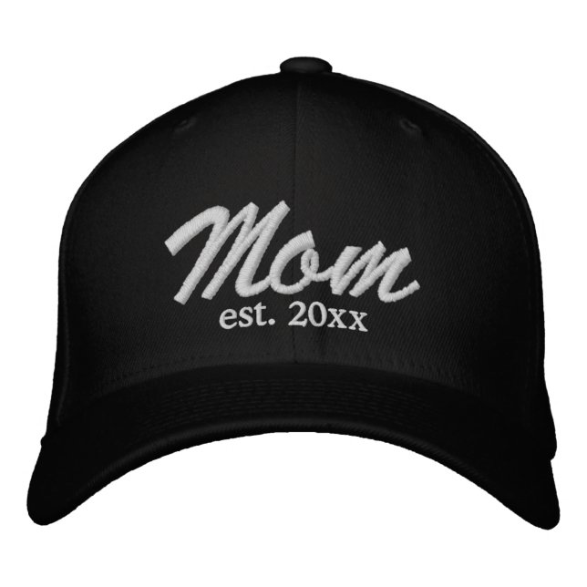 Mom Established date white black custom script  Embroidered Baseball Cap (Front)