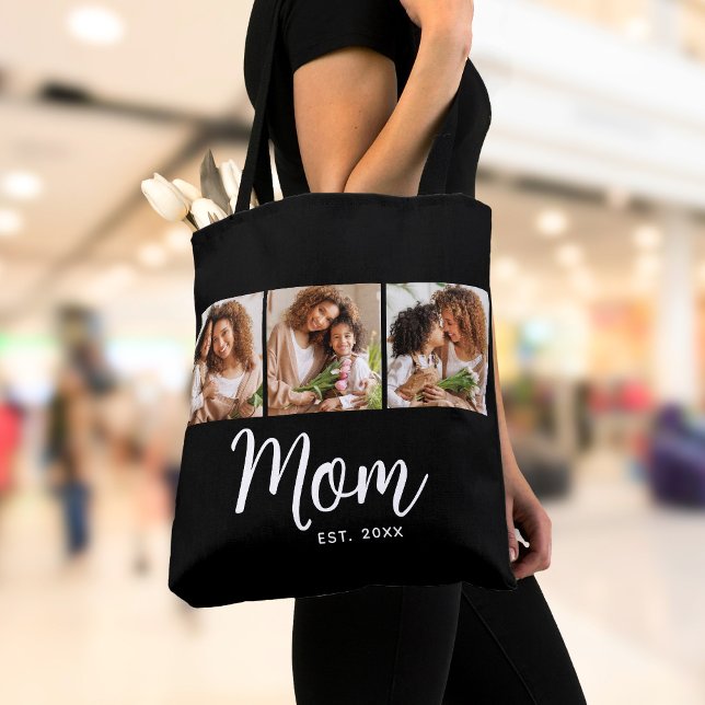Mom Established Date White Script Black 3 Photo Tote Bag (Creator Uploaded)