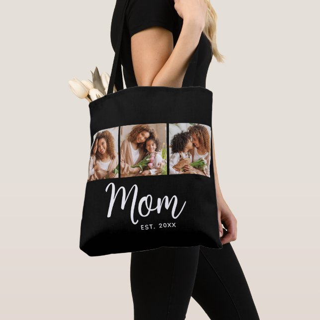 Mom Established Date White Script Black 3 Photo Tote Bag (Close Up)