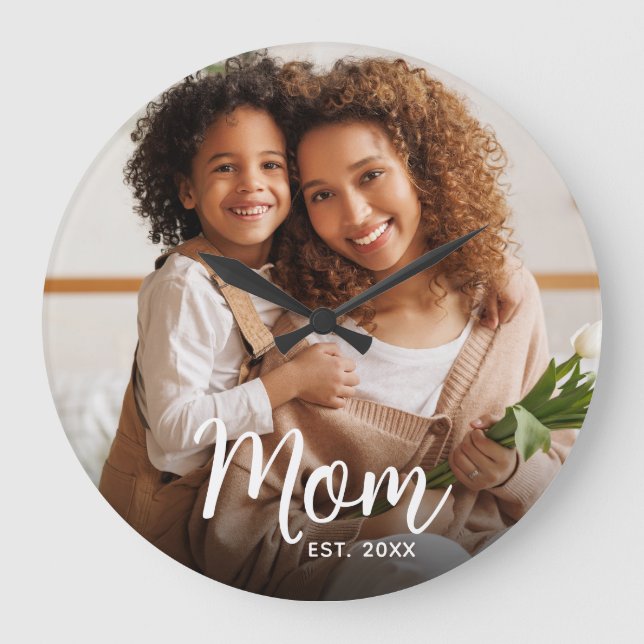 Mom Established Date White Script Custom Photo Large Clock (Front)