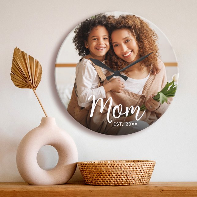 Mom Established Date White Script Custom Photo Large Clock (Creator Uploaded)