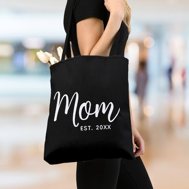 Mom Established Date White Script New Mom Gift Tote Bag (Creator Uploaded)