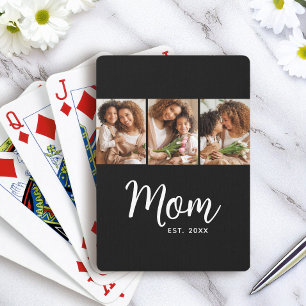 Mom Established Date White Script on Black 3 Photo Poker Cards