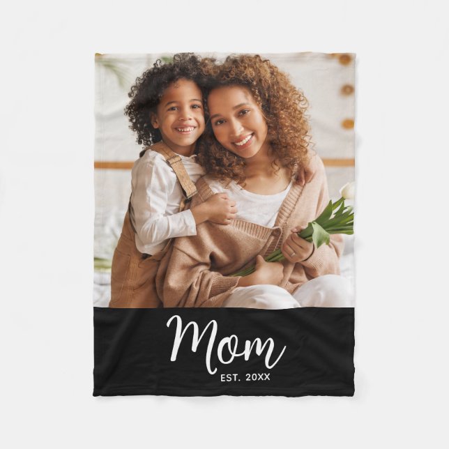 Mom Established Date White Script on Black Photo Fleece Blanket (Front)