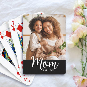 Mom Established Date White Script on Black Photo Poker Cards