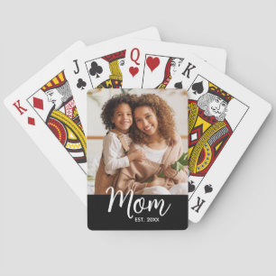 Mom Established Date White Script on Black Photo Poker Cards