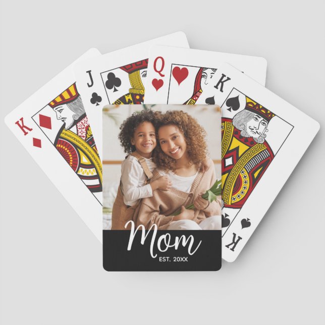 Mom Established Date White Script on Black Photo Poker Cards (Back)