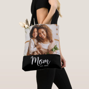 Mom Established Date White Script Photo on Black Tote Bag