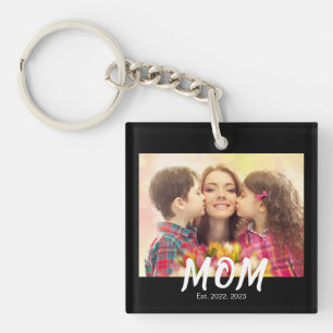 Mom Established Elegant Bold Font Black Photo Keychain
