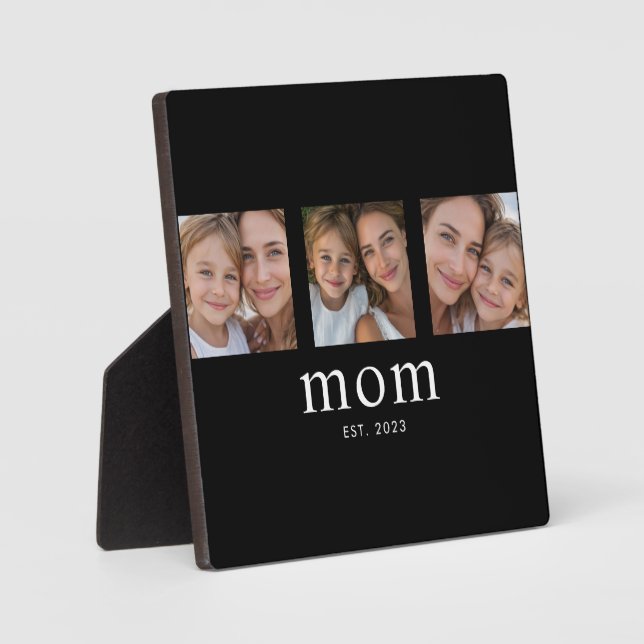 Mom Established Elegant Modern Black 3 Photo Plaque (Front)