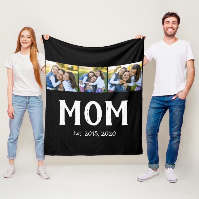 Mom Established Elegant Script Black 3 Photo Fleece Blanket (In Situ)