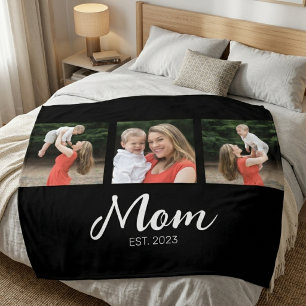Mom Established Elegant Script Black 3 Photo Fleece Blanket