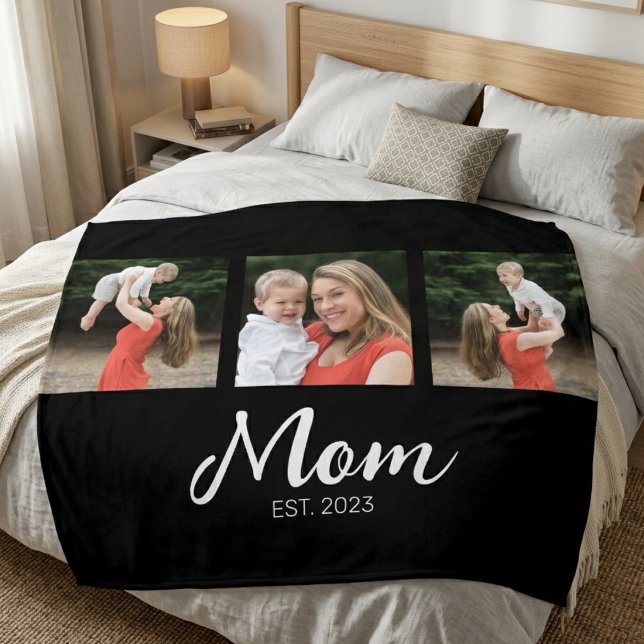 Mom Established Elegant Script Black 3 Photo Fleece Blanket (Creator Uploaded)