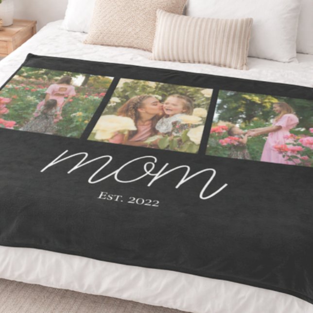 Mom Established Elegant Script Black 3 Photo  Fleece Blanket (Creator Uploaded)