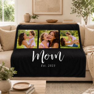 Mom Established Elegant Script Black 3 Photo Fleece Blanket