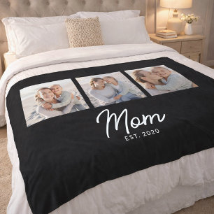 Mom Established Elegant Script Black 3 Photo Fleece Blanket