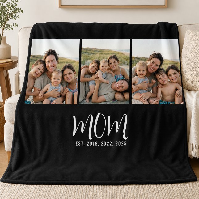 Mom Established Elegant Script Black 3 Photo Fleece Blanket (Creator Uploaded)