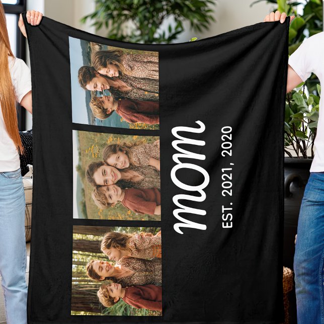 Mom Established Elegant Script Black 3 Photo Fleece Blanket (Creator Uploaded)