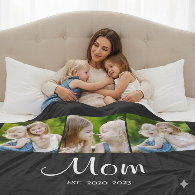 Mom Established Elegant Script Black 3 Photo Fleece Blanket (Creator Uploaded)