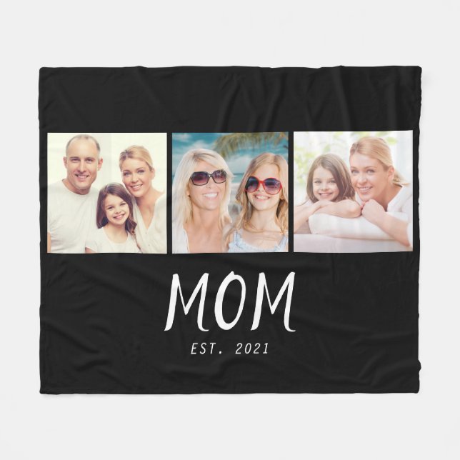 Mom Established Elegant Script Black 3 Photo Fleece Blanket (Front (Horizontal))