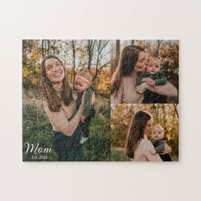 Mom Established Elegant Script Black 3 Photo Jigsaw Puzzle (Horizontal)