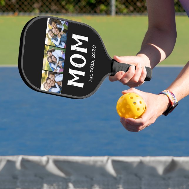 Mom Established Elegant Script Black 3 Photo Pickleball Paddle (Insitu)